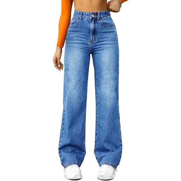 Women’s High-Waisted Wide Leg Straight Jeans Casual Distressed Denim